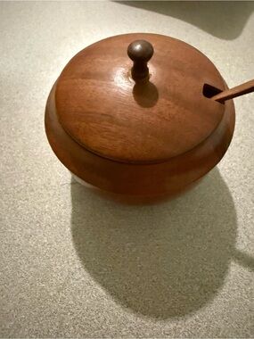 Vintage Handcrafted Wood Salt Cellar Sugar Bowl with Lid and Spoon 3 Piece Set